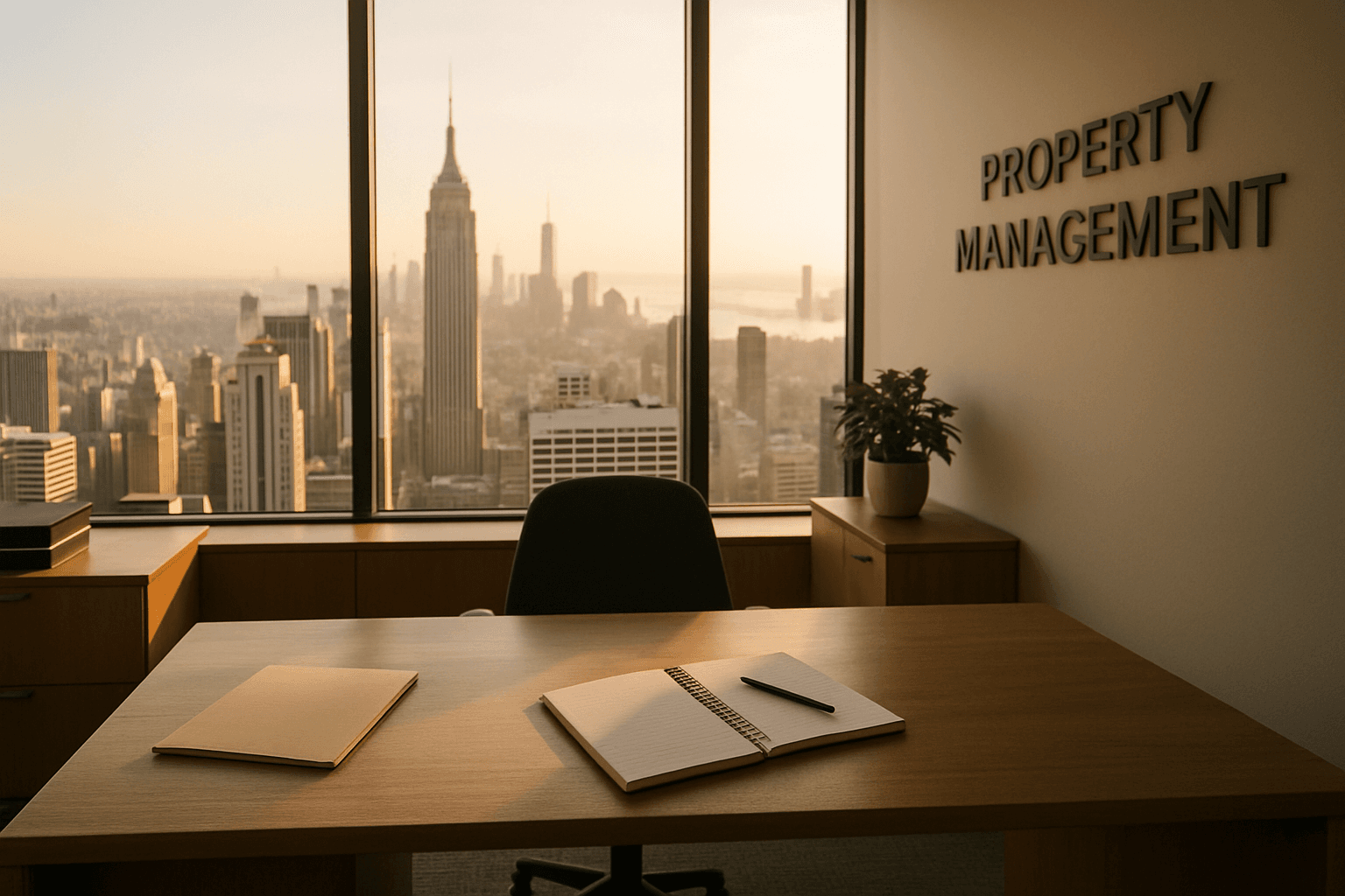 Sunlit NYC property management office with Manhattan skyline views representing property management cost in NYC