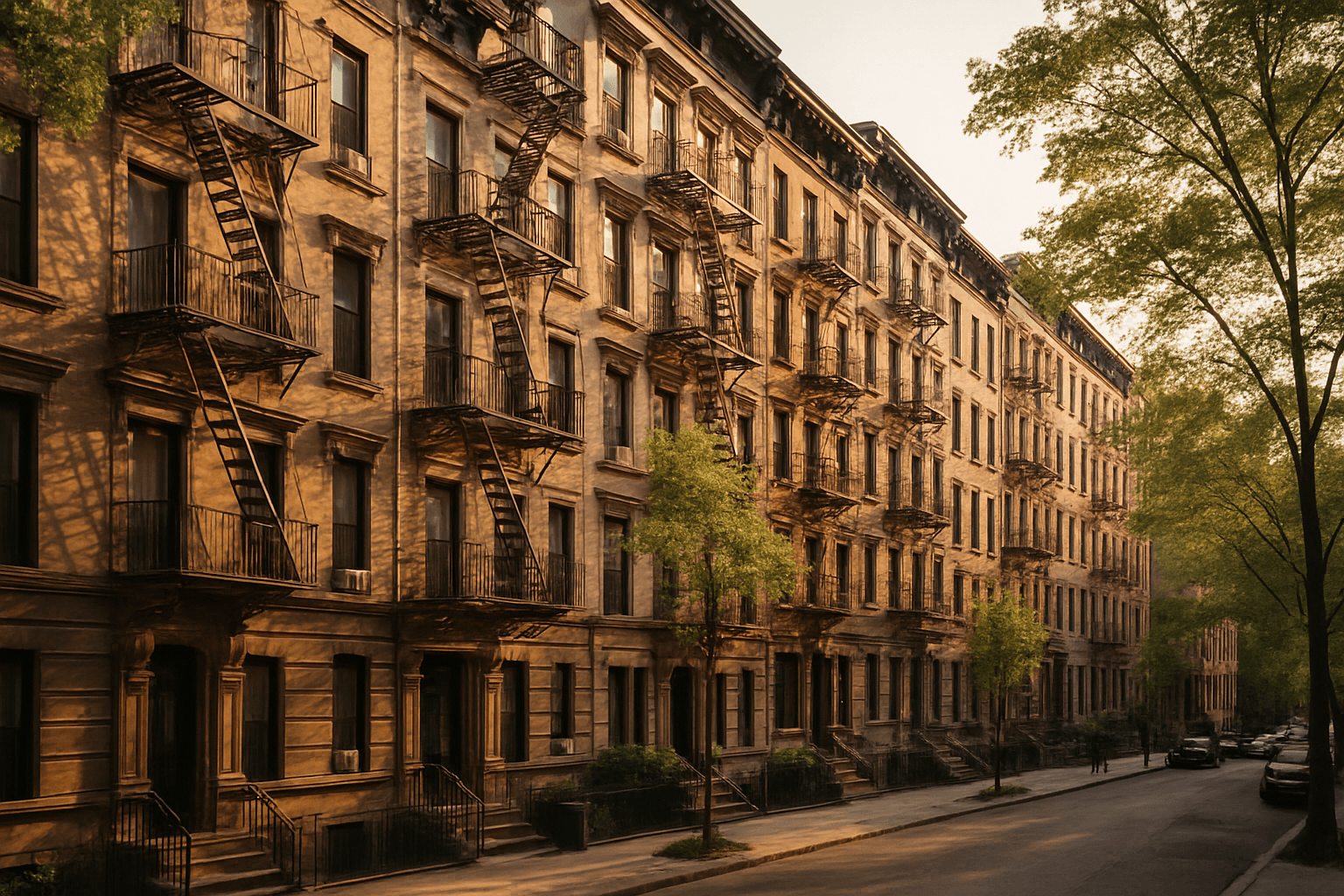 NYC residential street block at golden hour — Local Law 152 gas piping deadlines vary by community district