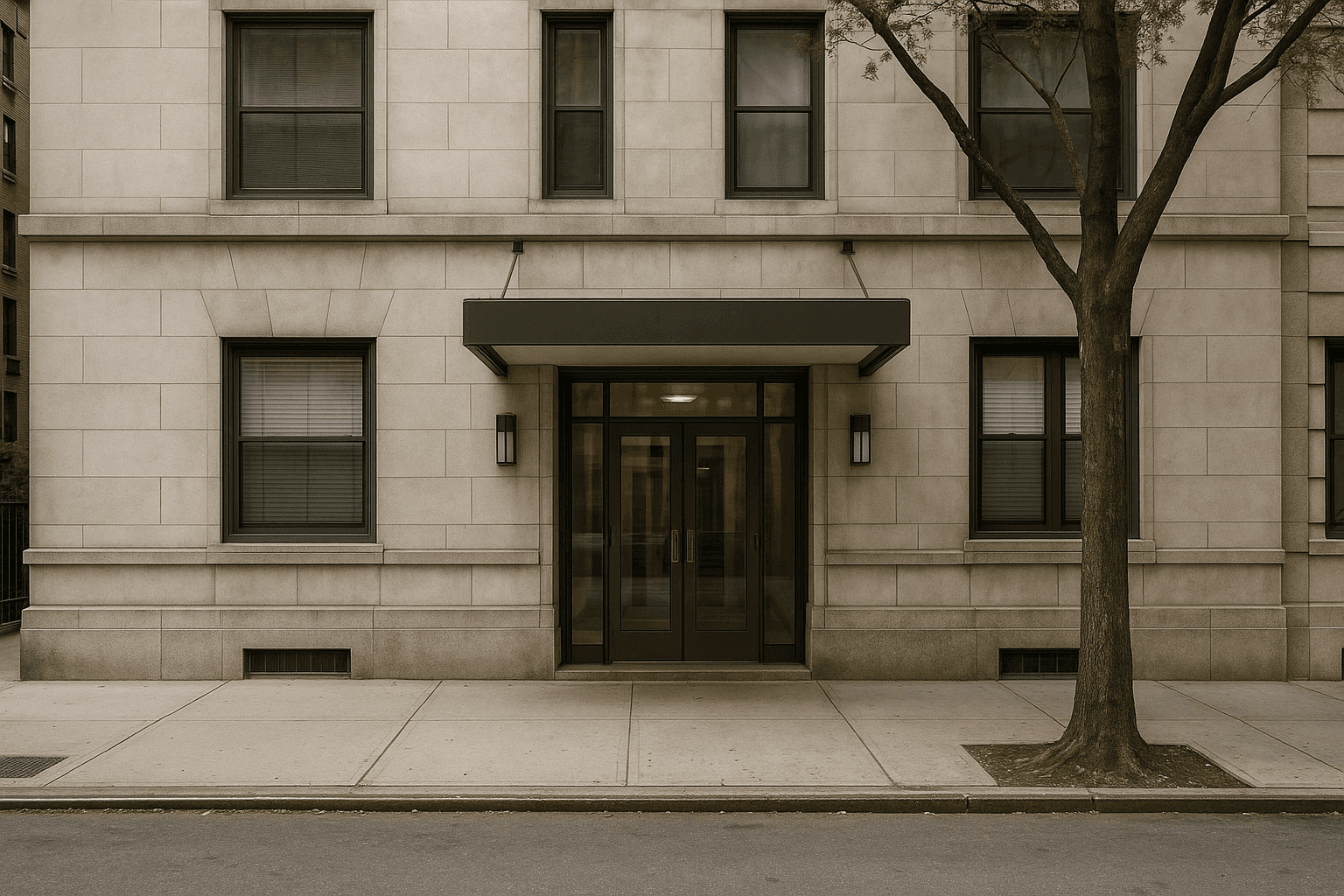 Entrance of a NYC apartment building where the Local Law 33 building energy grade label must be posted
