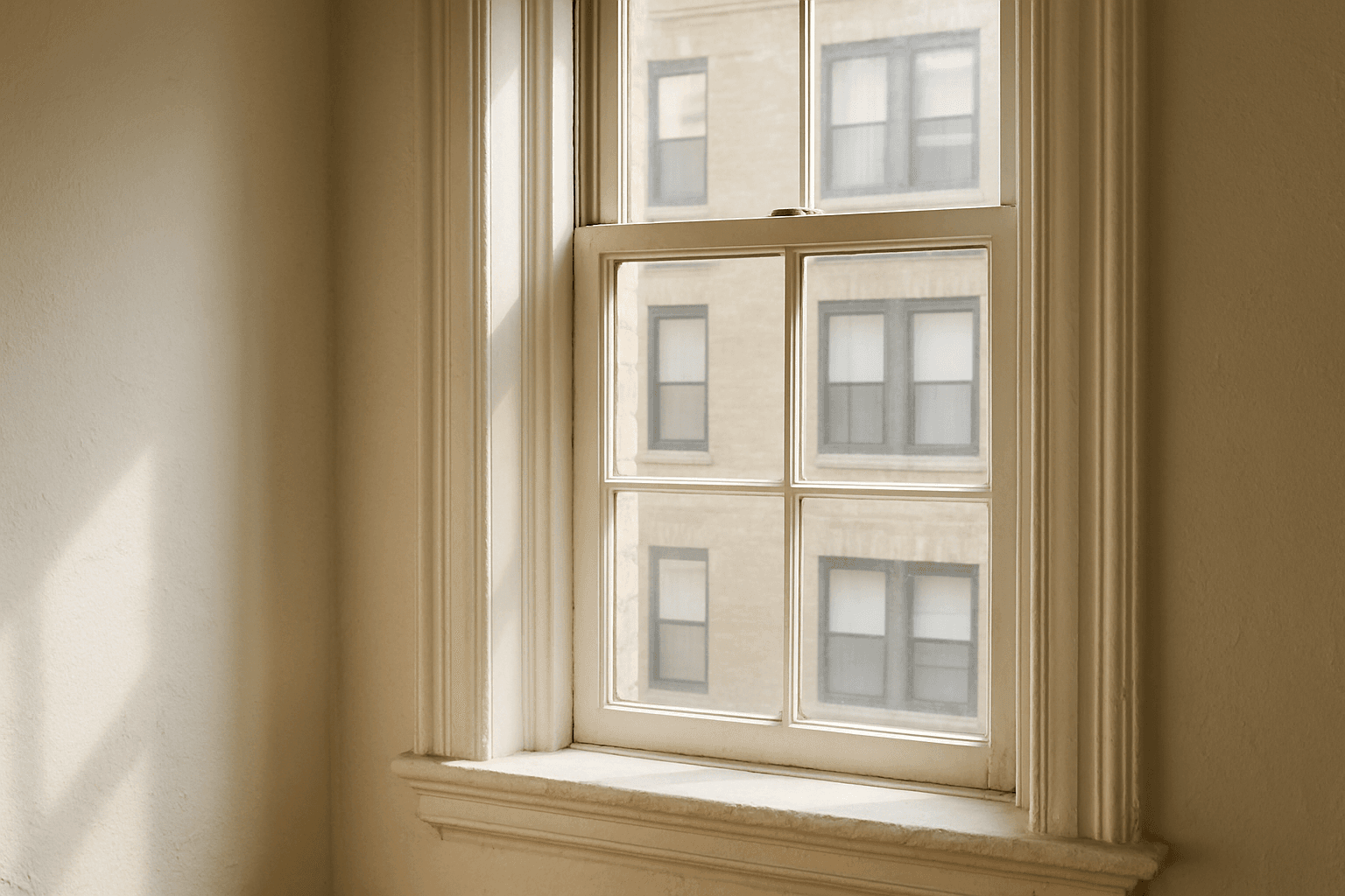 Layered painted window trim in a prewar NYC apartment, surfaces checked in HPD lead paint XRF record audits
