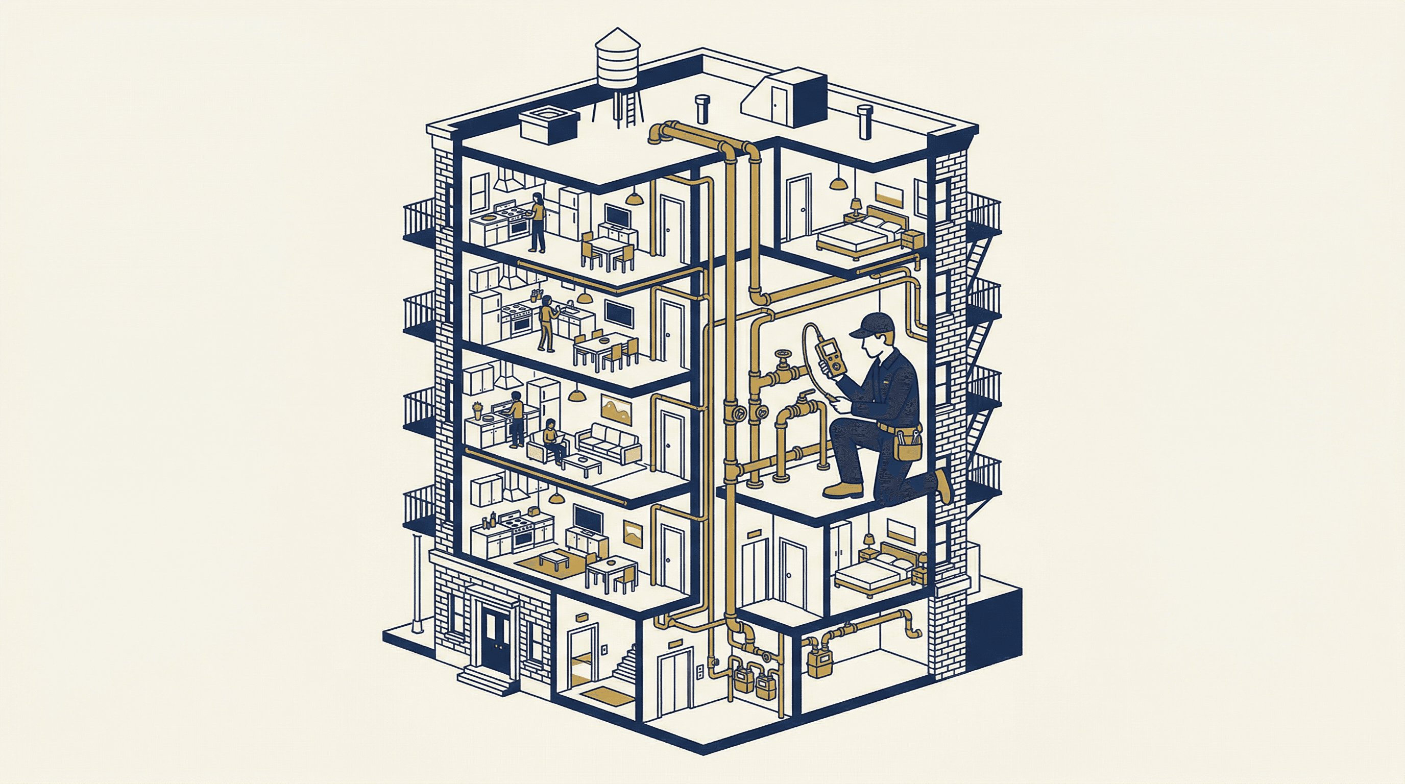 Isometric illustration of a NYC apartment building cross-section showing gas piping inspection by a licensed plumber
