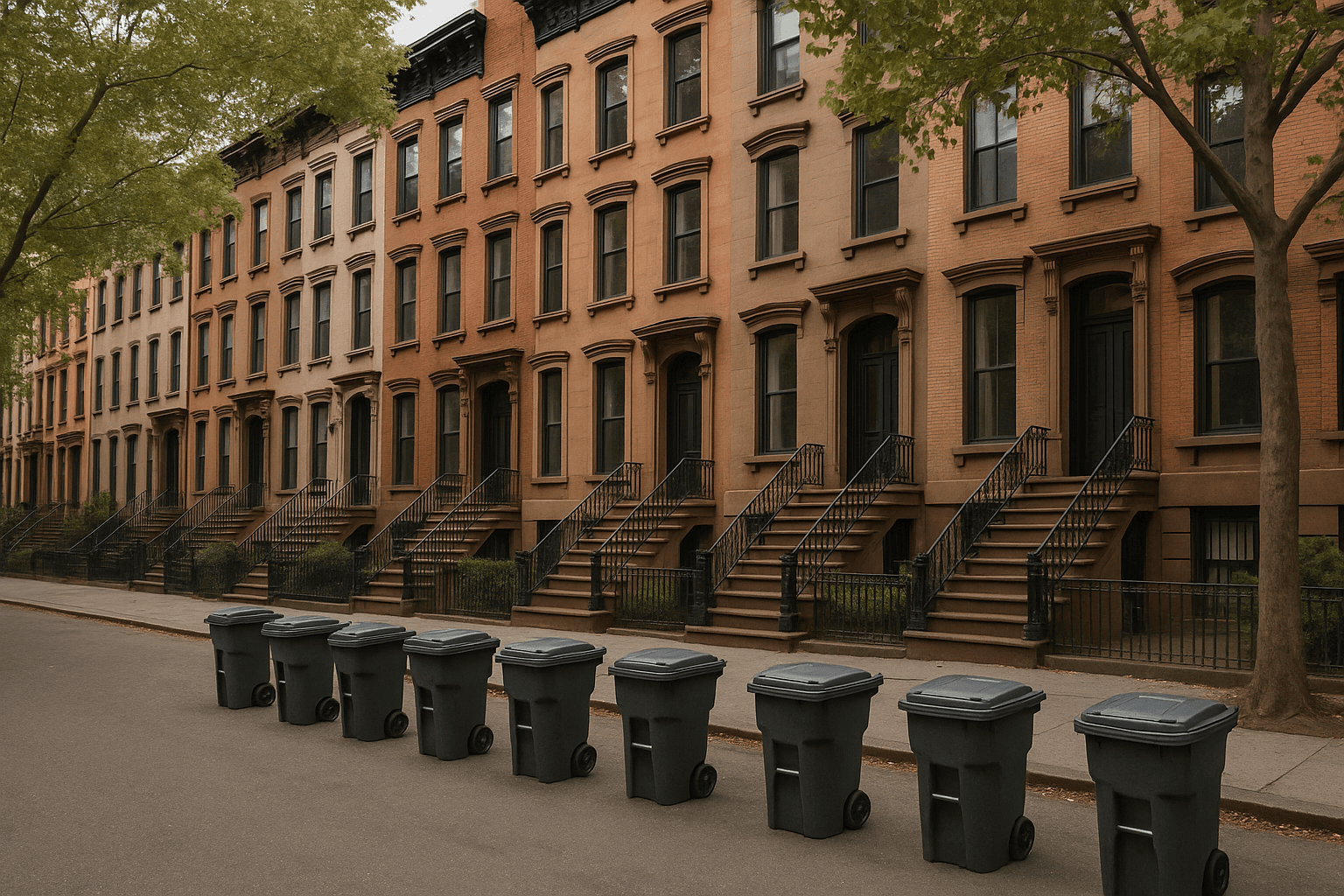 Lidded wheeled trash bins at the curb of a NYC brownstone block, the setup the official NYC Bin rule requires