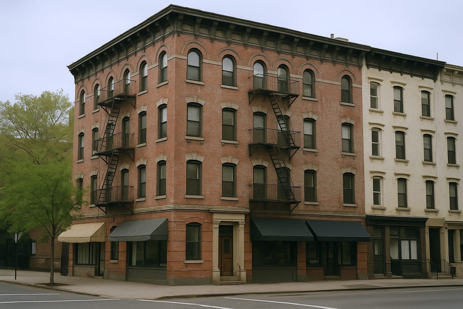 East Village corner tenement with ground-floor shops, the kind of rental under the Good Cause Eviction NYC rent standard