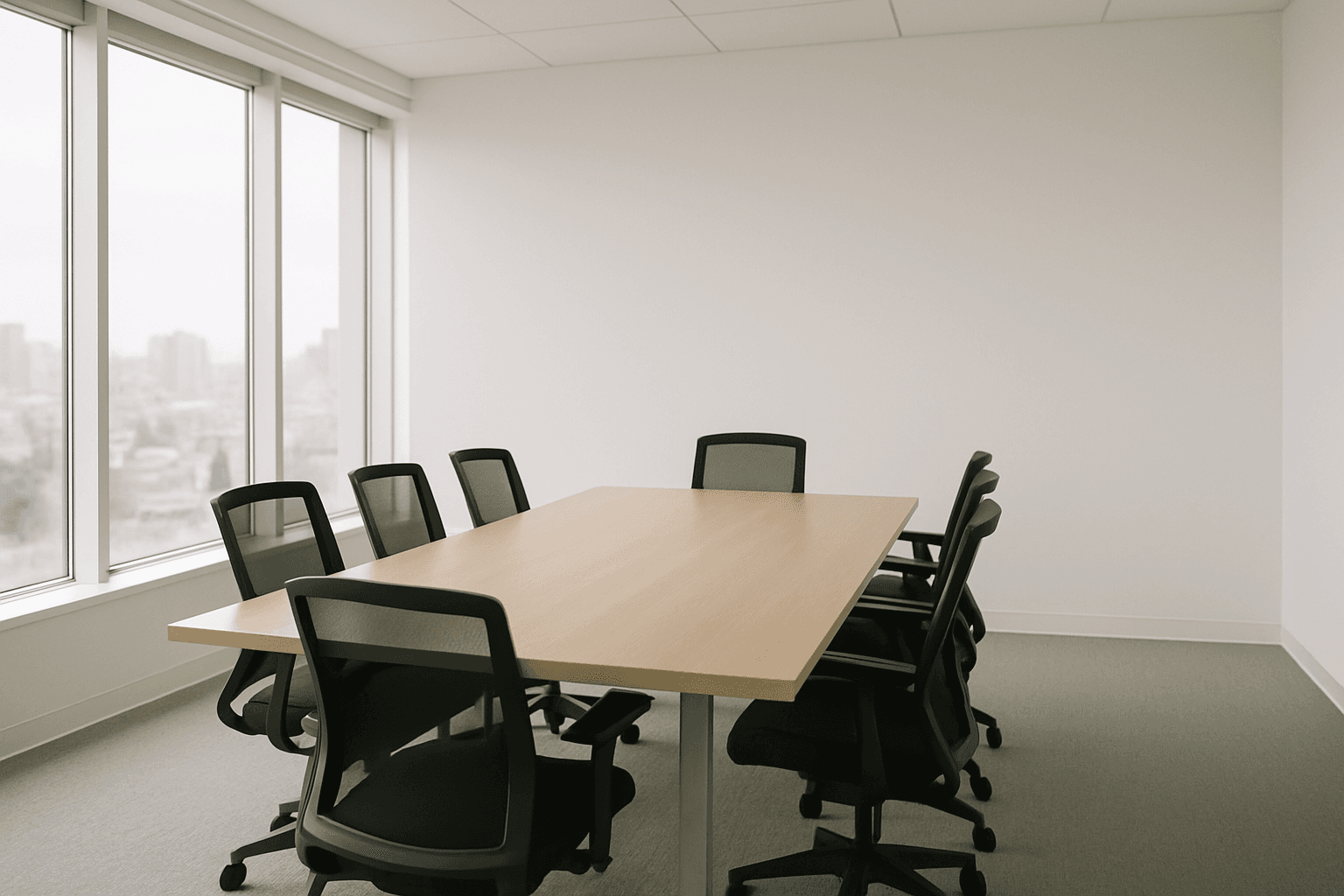 Bright NYC office meeting room with a city view, where property management cost in NYC proposals get compared