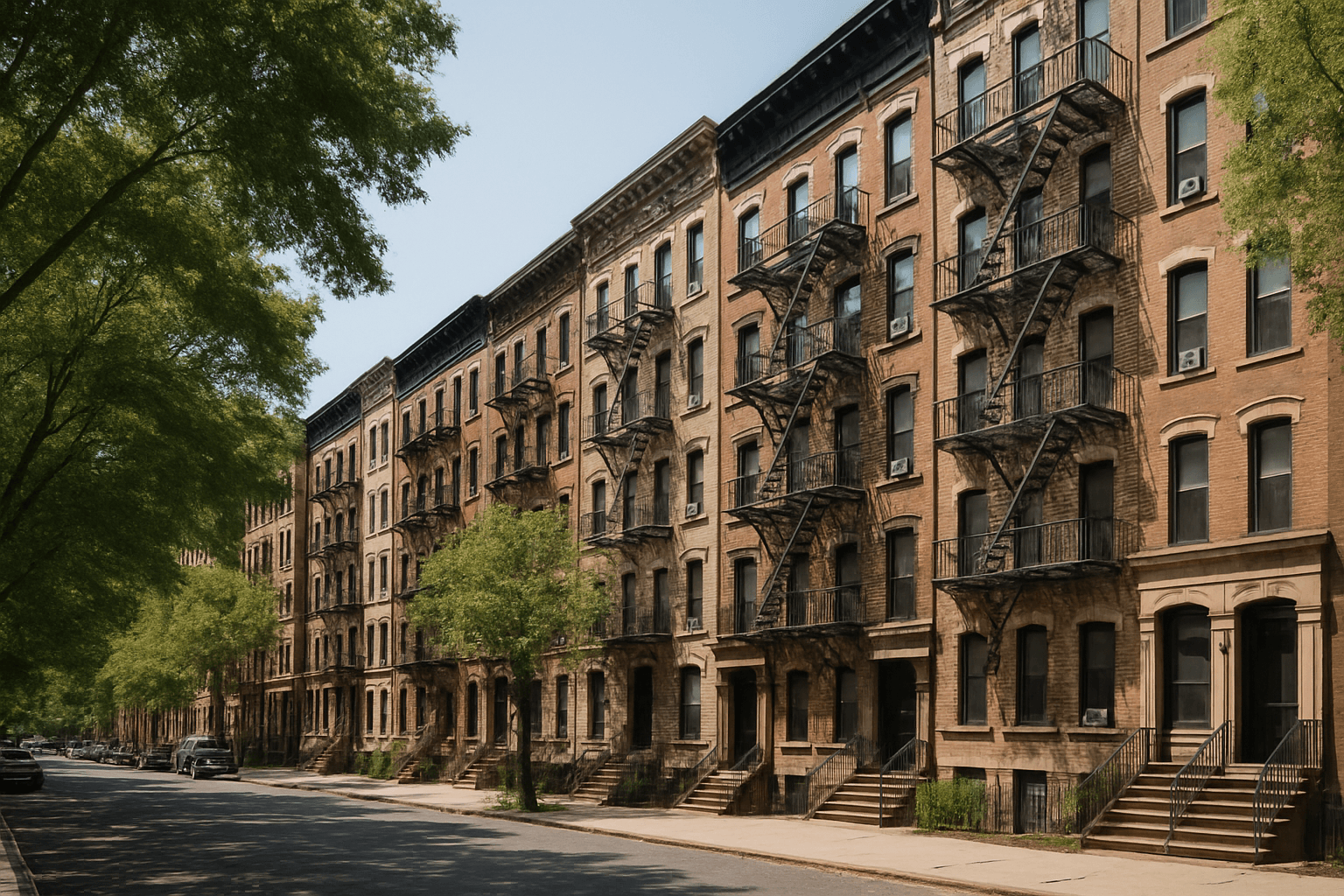 Row of NYC walk-up apartment buildings with iron fire escapes, the housing stock covered by HPD property registration