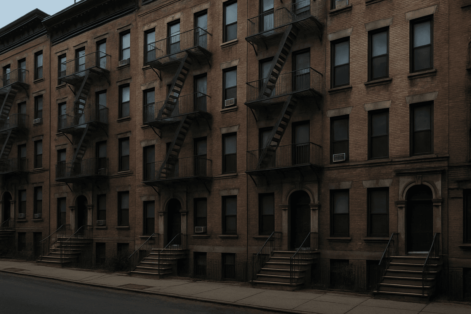 Row of NYC prewar walk-up apartment buildings, the kind of small buildings subject to HPD violations