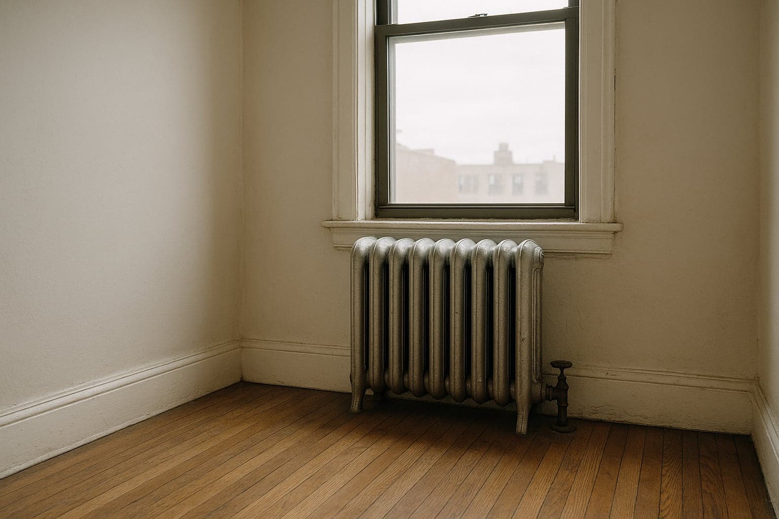 Cast-iron steam radiator under a window in an empty NYC apartment, subject to Local Law 151 steam radiator inspections