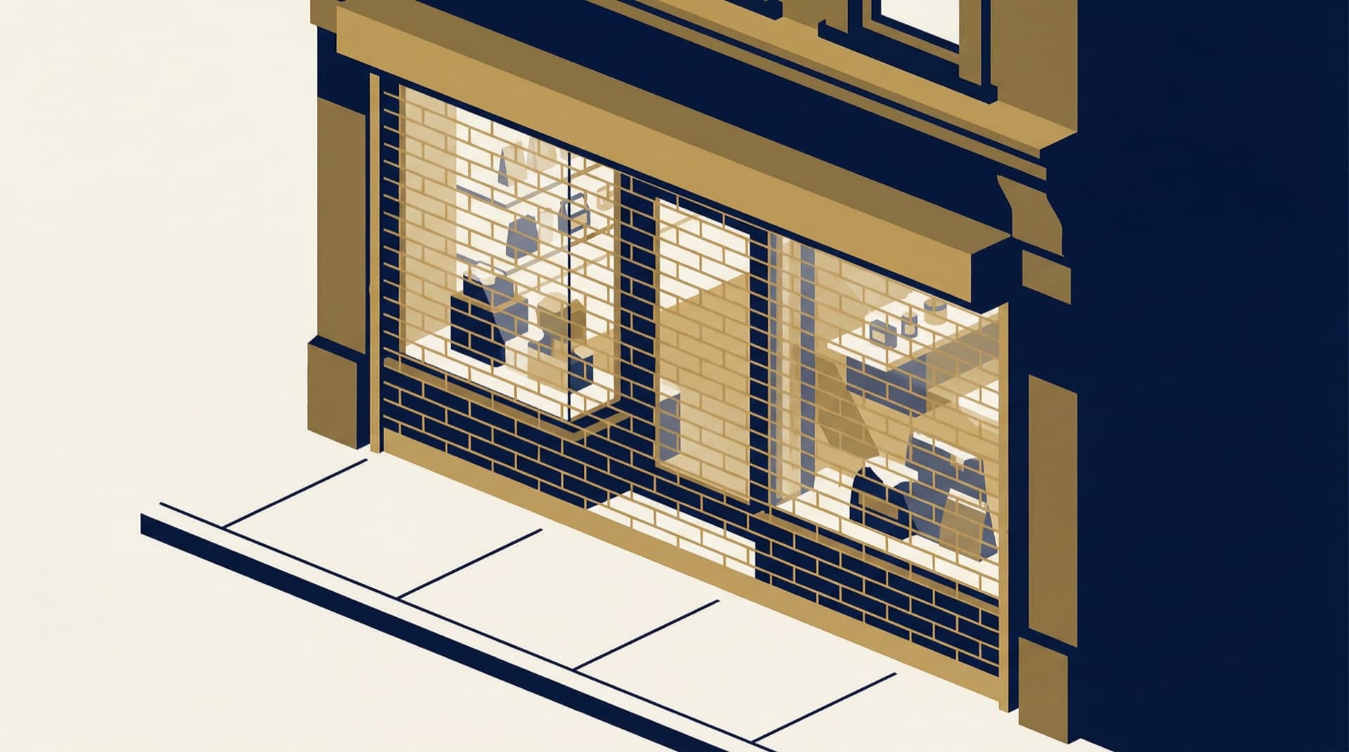 Isometric illustration of a NYC storefront with a transparent open-mesh security grille showing 70% visibility