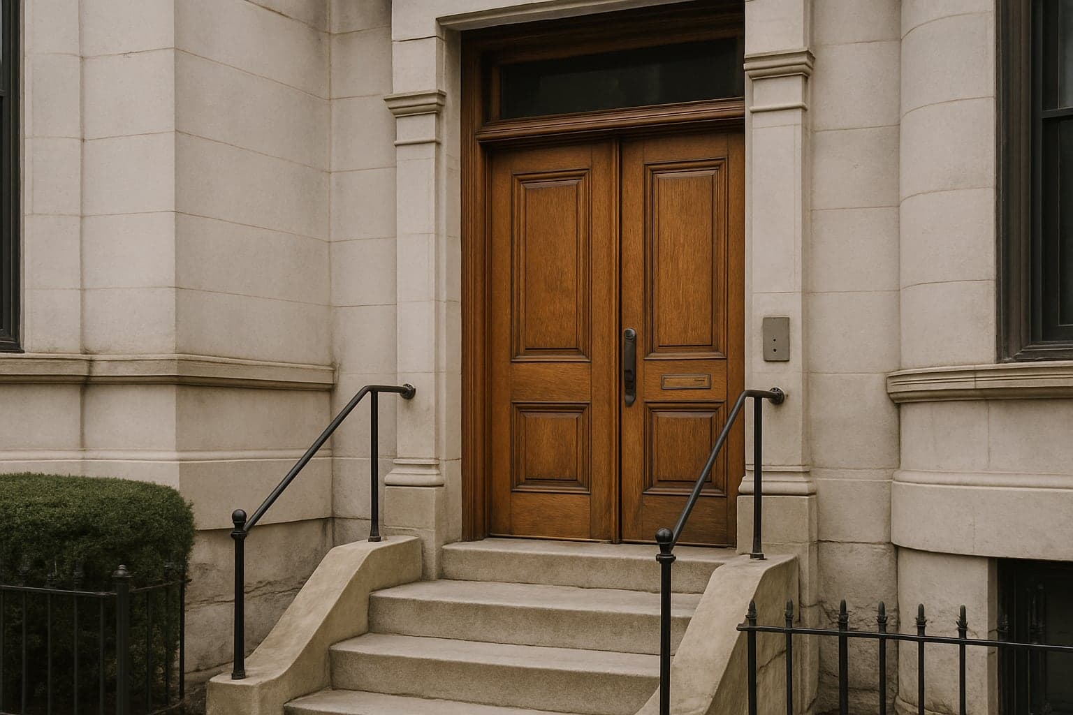 Entrance door of a Brooklyn limestone row house, the kind of building an owner manages from out of state