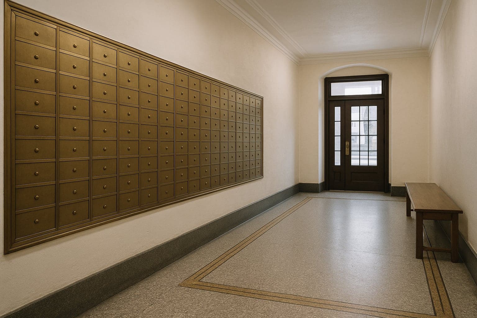 Brass mailboxes in a prewar Brooklyn co-op lobby, where the board handles the NYC co-op/condo tax abatement filing