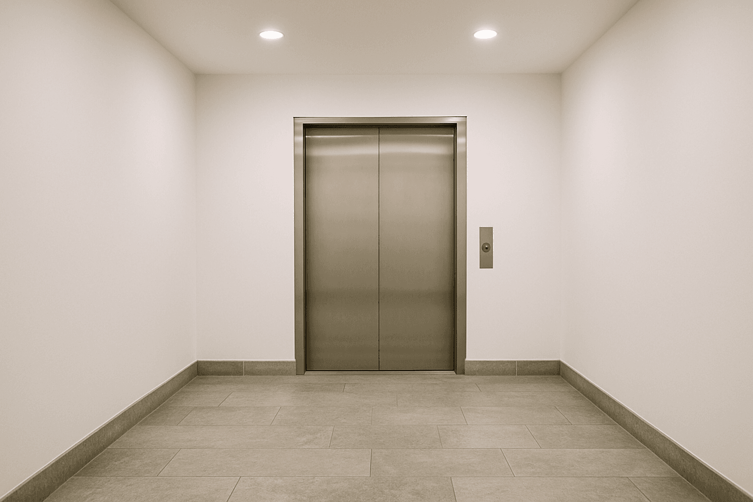 Brushed-steel elevator doors in a NYC apartment lobby, the equipment in the 2026 NYC elevator inspection pilot