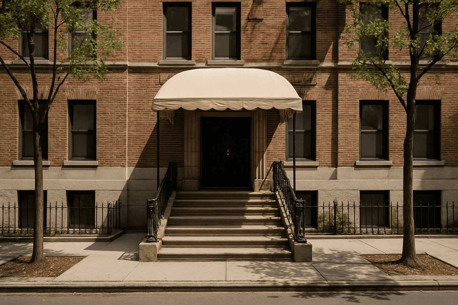 Prewar NYC apartment entrance with awning and stoop, the rentals covered by the FARE Act broker fee ban