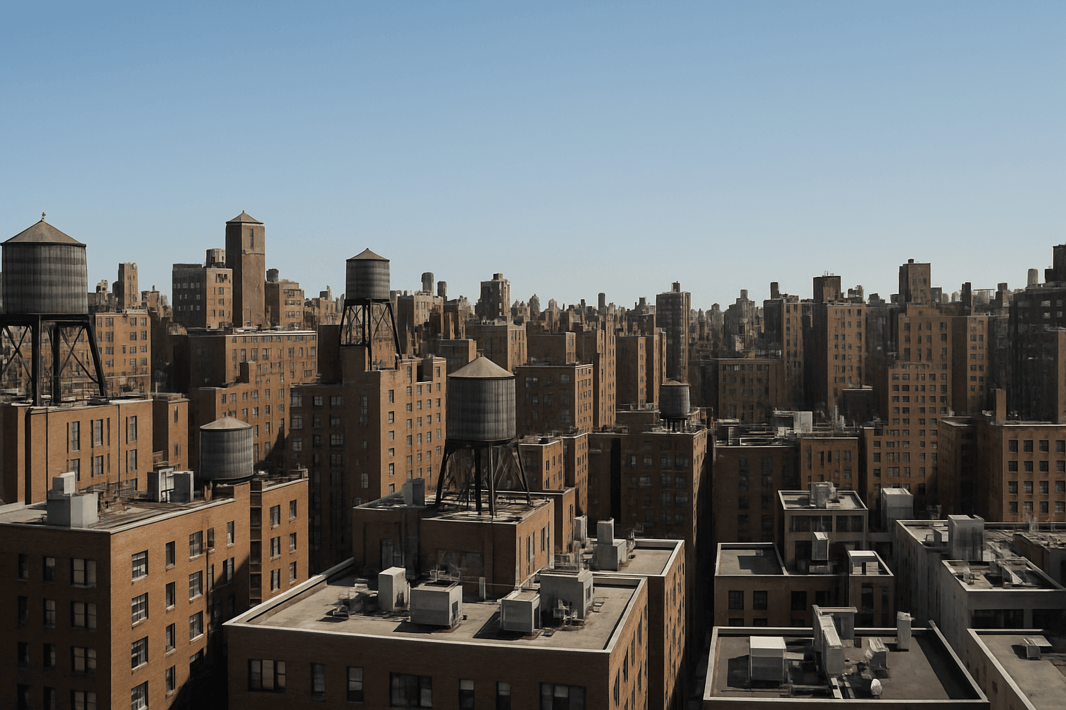 Dense NYC apartment rooftops and water towers under a clear sky, the expense side of NYC operating costs 2026