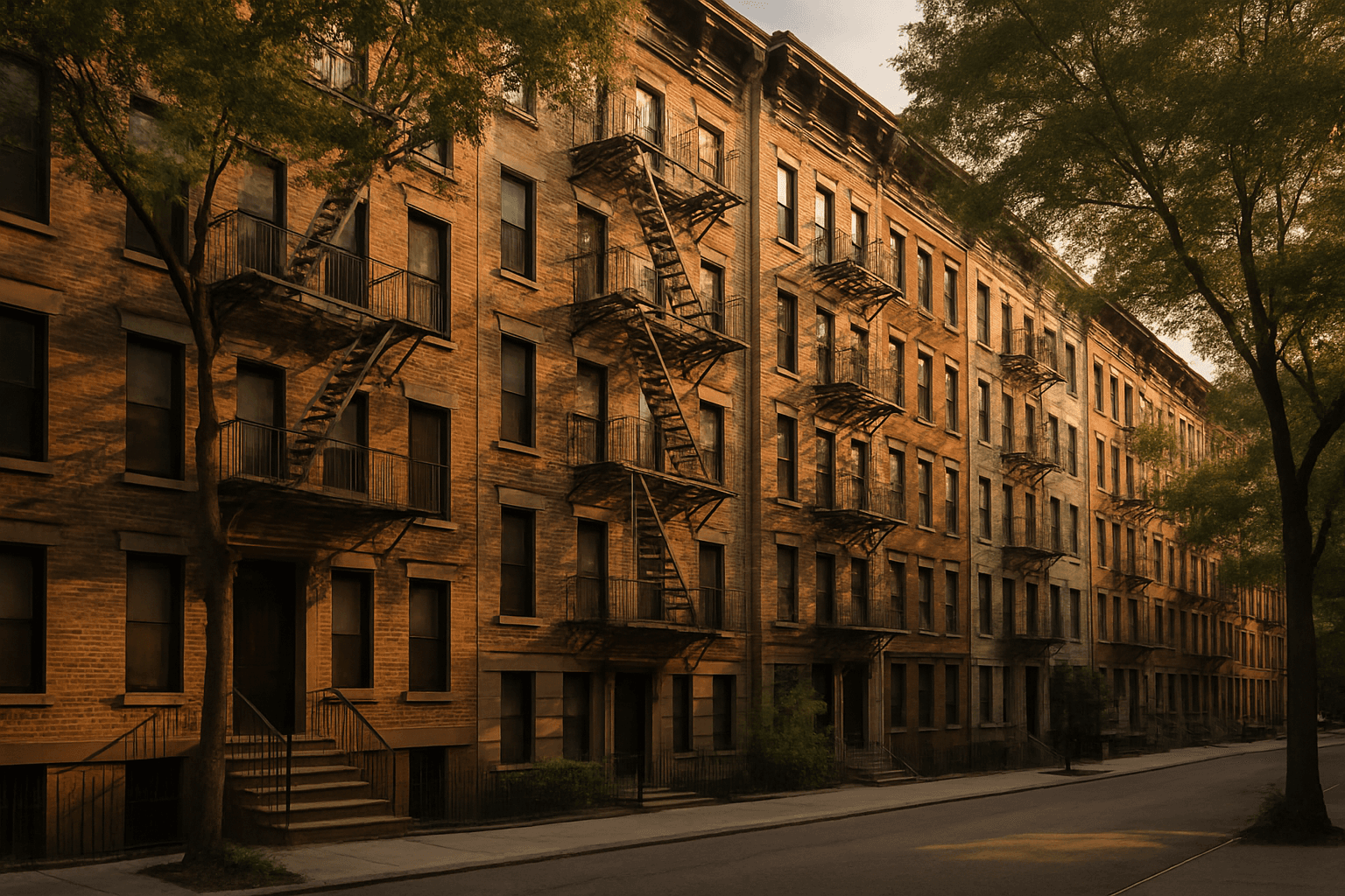 Prewar NYC apartment buildings with fire escapes at dusk, the stabilized housing covered by the NYC rent freeze 2026