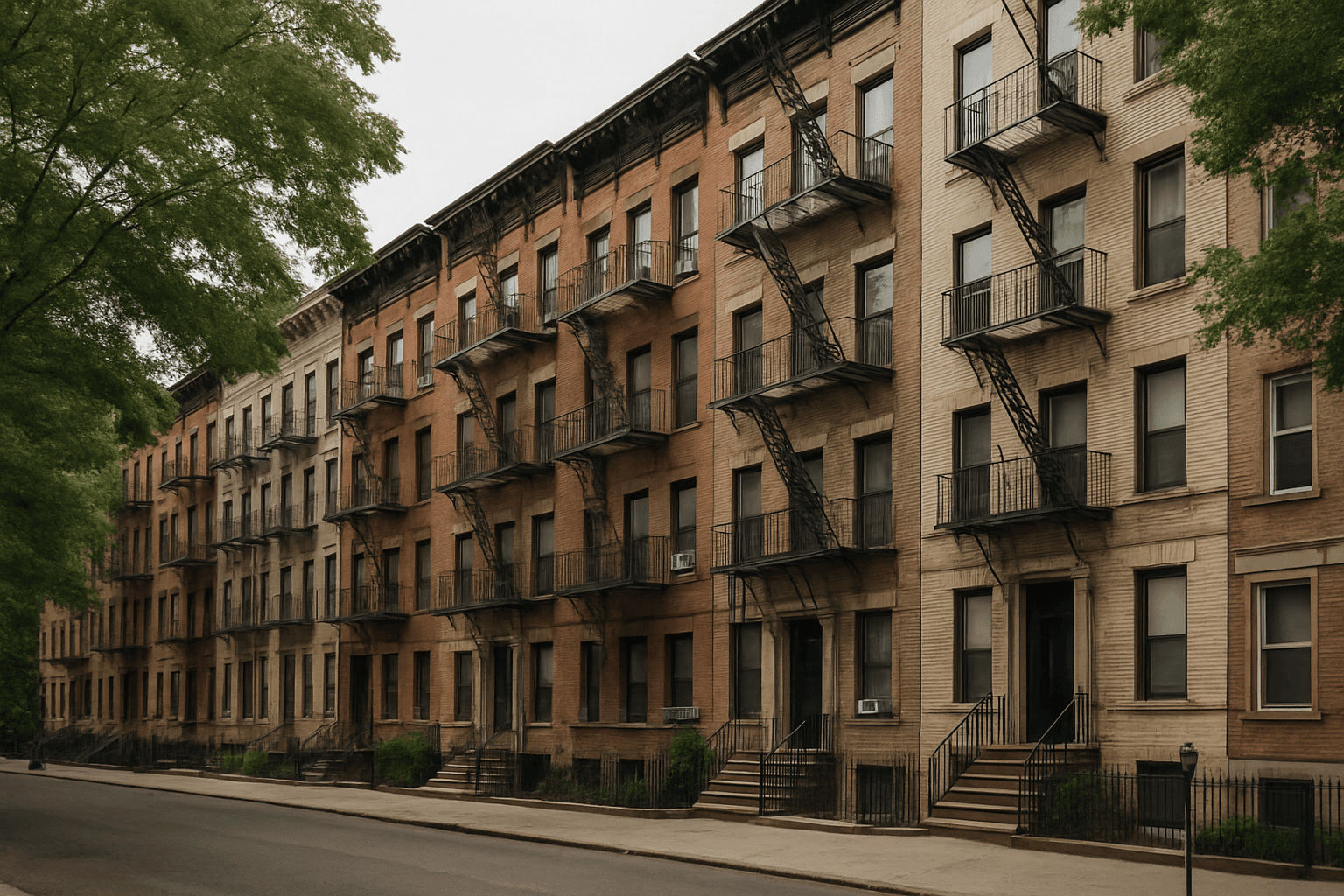 Prewar NYC apartment buildings with fire escapes, the stabilized housing covered by the NYC rent freeze 2026