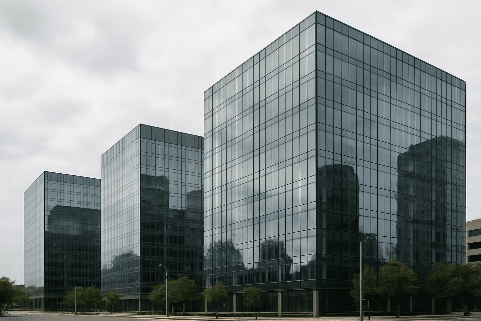 Modern NYC glass office towers under an overcast sky, buildings facing the 2026 NYC sustainability law deadlines