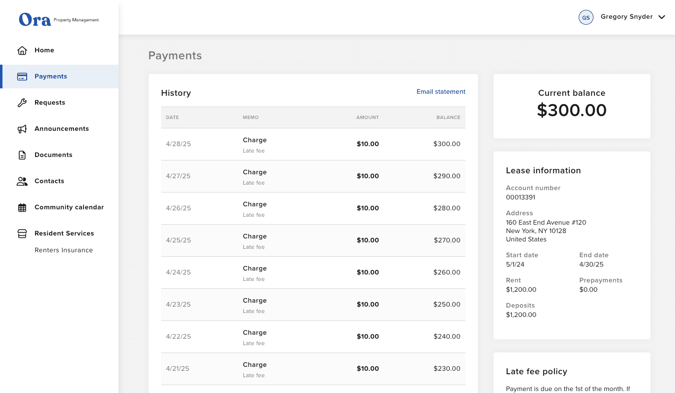 Ora owner portal showing payment history and financial reporting