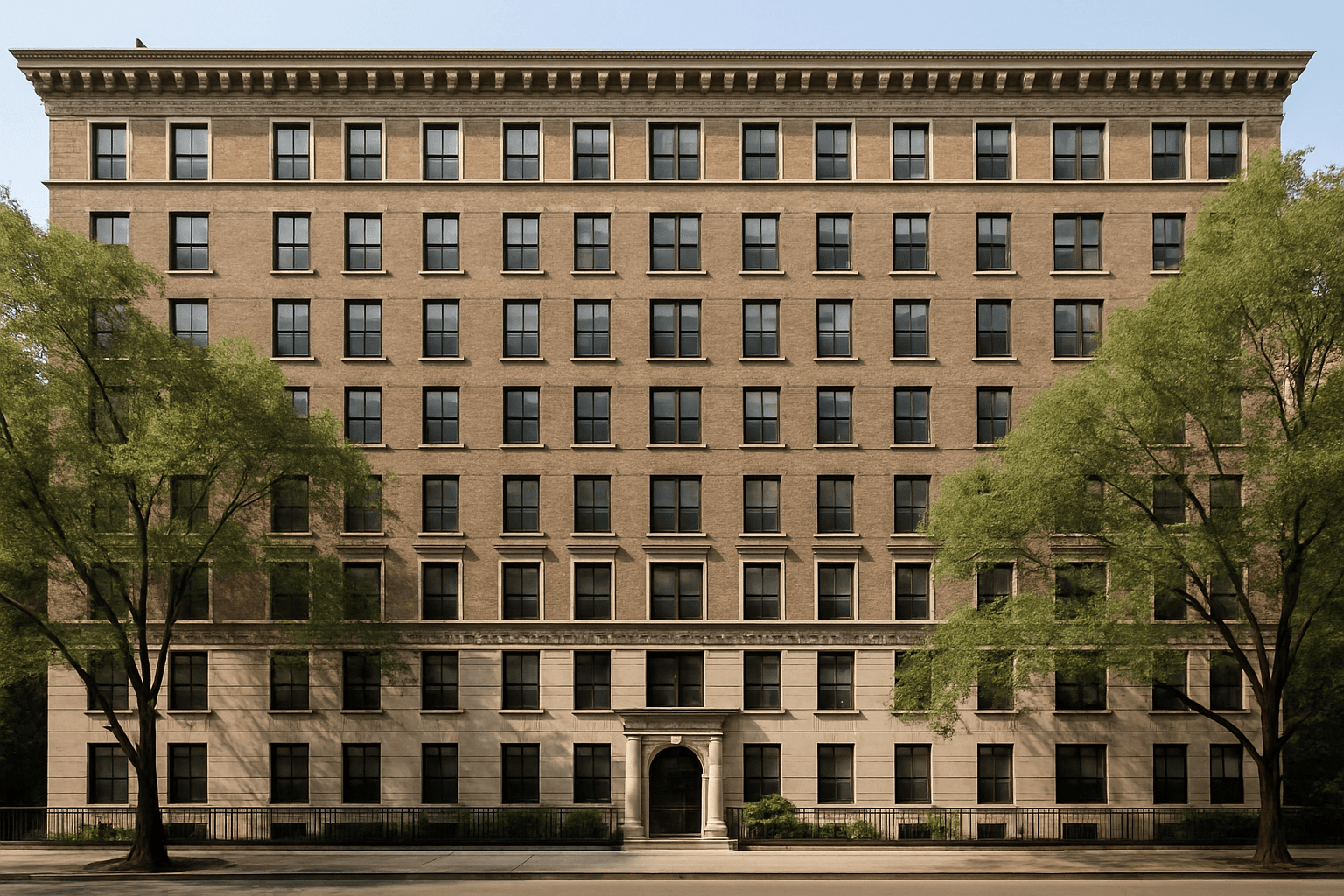 Prewar NYC co-op apartment building facade in bright daylight, the kind of building a NYC co-op reserve fund protects
