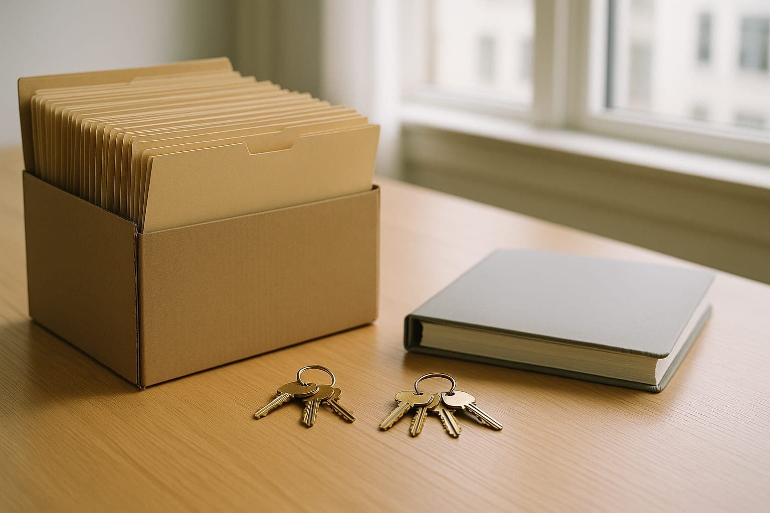 Building keys and file box on an office table, ready for switching property management companies in NYC